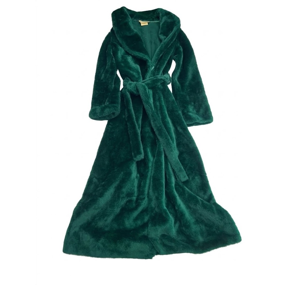 Borg Fabric Robe Womens Small Green Vintage Faux Fur Full Length Belted USA